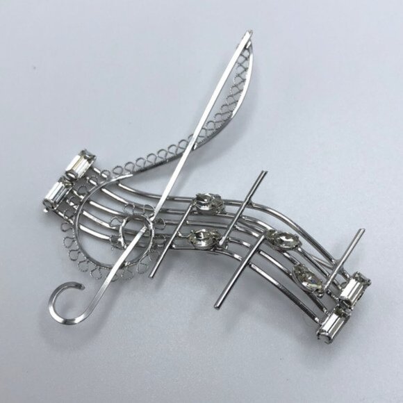 Vintage Music Notes Staff Sterling Silver Rhinestone Brooch Pin Signed JF - Picture 3 of 5
